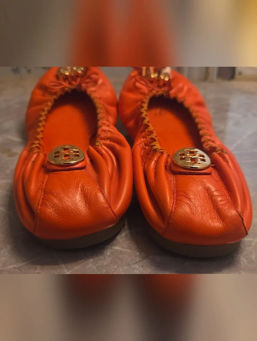 Tory Burch Orange Leather Tassel Ballet Flats with Gold Logo
